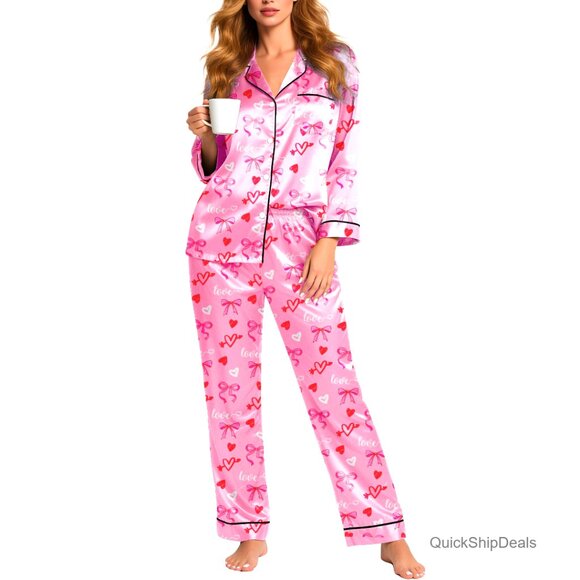 Women's Satin Pajama Set Long Sleeve Button Down Lounge Sleepwear